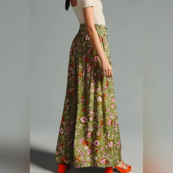 By Anthropologie Wide-Leg Pants Floral Print Olive Green Size 6 Inseam 30" - Picture 2 of 11